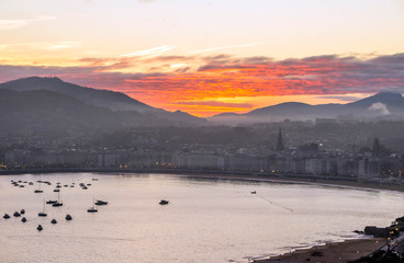 Sunrise in the Spanish city of San Sebastian on a cloudy day