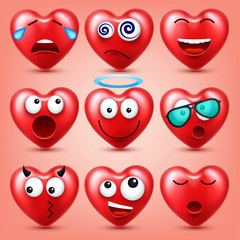 Heart smiley emoji vector set for Valentines Day. Funny red face with expressions and emotions. Love symbol.