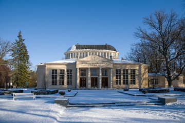 Hall of mineral water springs Glauber in winter - snow in small spa town Frantiskovy Lazne...