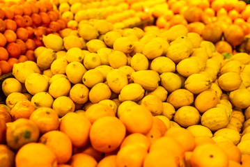 Fresh, tasty oranges, lemons and tangerines on a market stall in New York