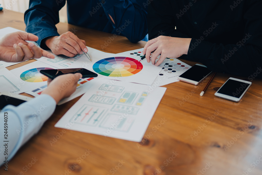 Wall mural ux ui designer team meeting creative graphic planning application development for web mobile phone .