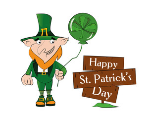 Vector leprechaun with a balloon.  Happy St. Patricks Day celebration.  Green clover.