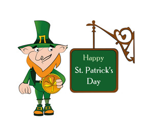 Vector leprechaun with gold coin. Happy St. Patricks Day celebration.