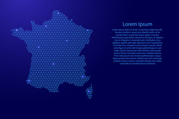 France map abstract schematic from blue lines repeating pattern geometric background with rhombus and nodes with space stars for banner, poster, greeting card. Vector illustration.