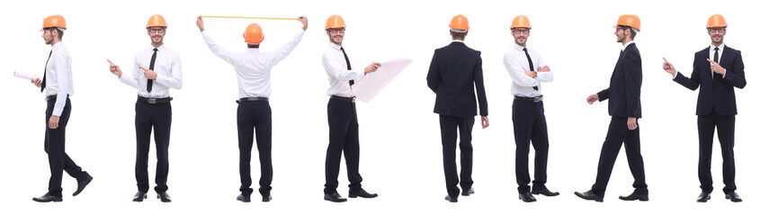 panoramic photo collage of architect expert isolated on white