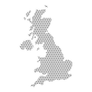 United Kingdom map Great Britain abstract schematic from black lines repeating pattern geometric background with rhombus and nodes from rhombuses. Vector illustration.