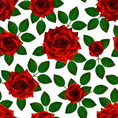 Seamless pattern with red roses. Beautiful realistic flowers with leaves. Photorealixtic rose bud, clean vector high detailed result