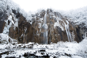 Plitvice lakes of Croatia (Hrvatska) - national park in winter  forest trees nature postcard waterfall