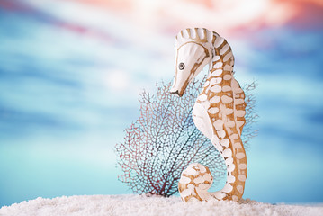 seahorse  on white sand beach, ocean, sky and seascapee, shallow dof © Elena Moiseeva