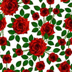Seamless pattern with red roses. Beautiful realistic flowers with leaves. Photorealixtic rose bud, clean vector high detailed result