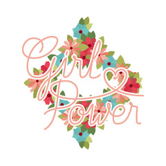 girl power label with flower frame isolated icon