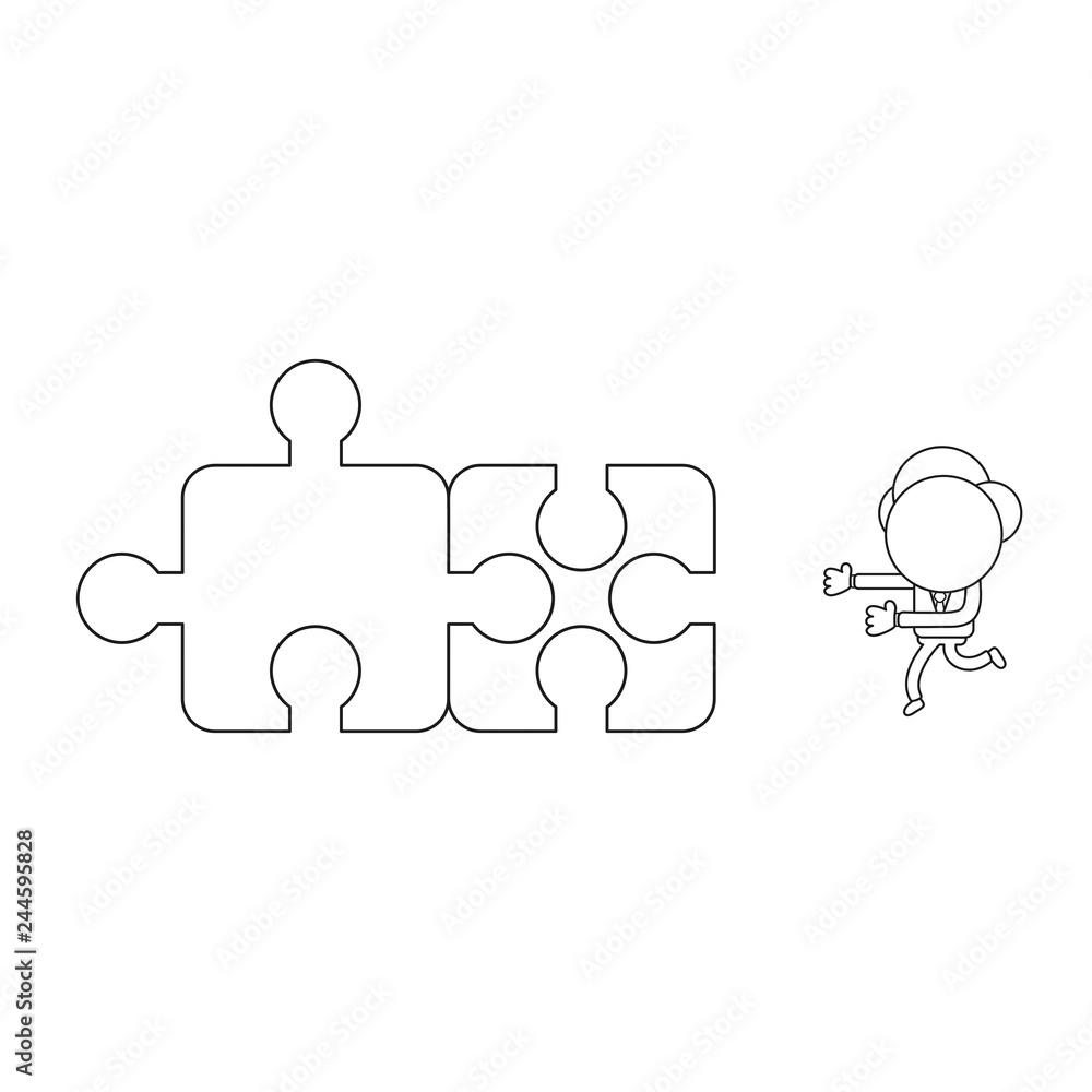 Poster vector businessman character running to connected two jigsaw puzzle pieces. black outline.