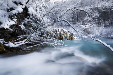 Plitvice lakes of Croatia (Hrvatska) - national park in winter  forest trees nature postcard waterfall