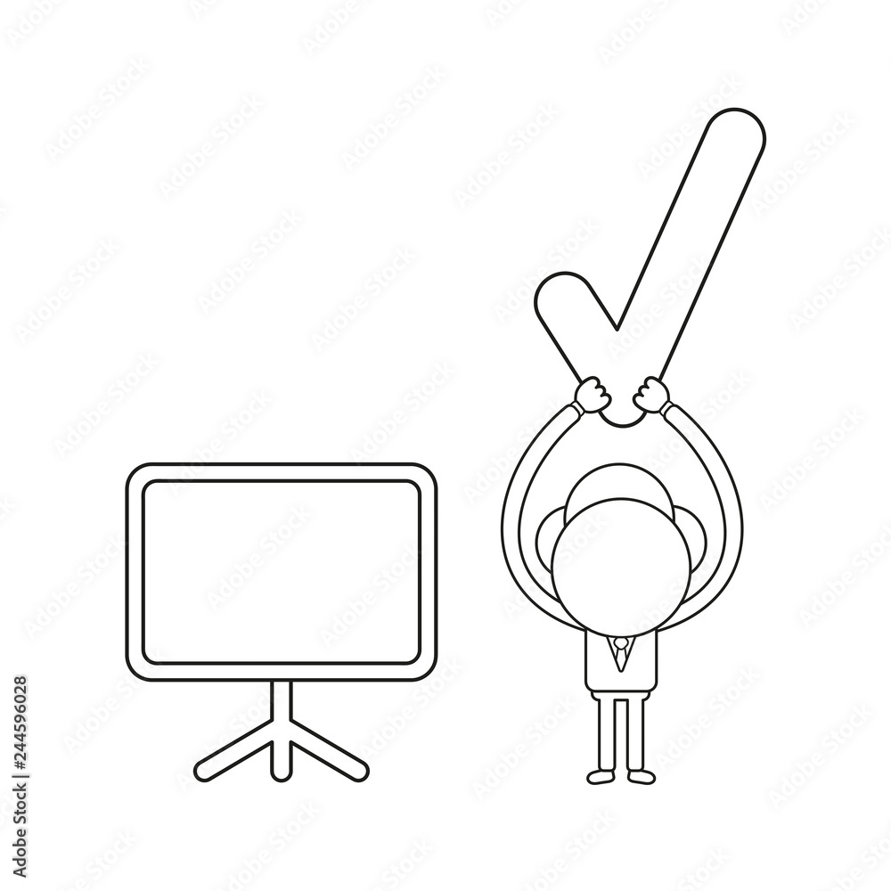 Poster vector businessman character holding up check mark with blank presentation chart. black outline.