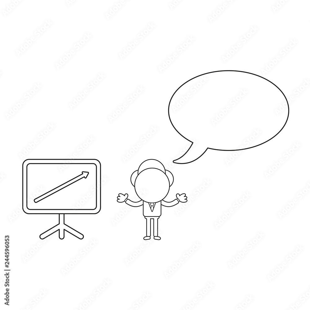 Poster vector businessman character with blank speech bubble and sales chart arrow moving up. black outline
