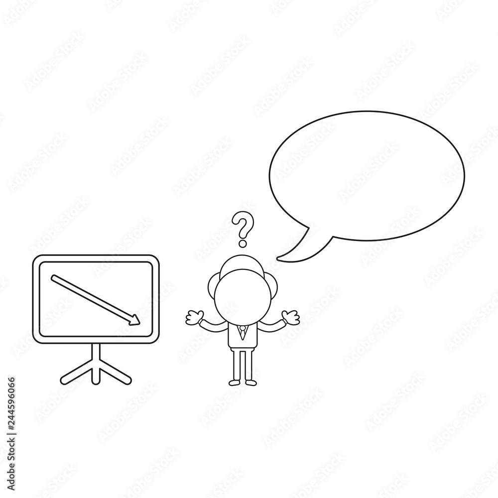 Poster vector businessman character with blank speech bubble and sales chart arrow moving down. black outli