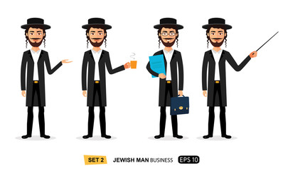 Jewish business men set enjoying cup coffee flat cartoon vector isolated