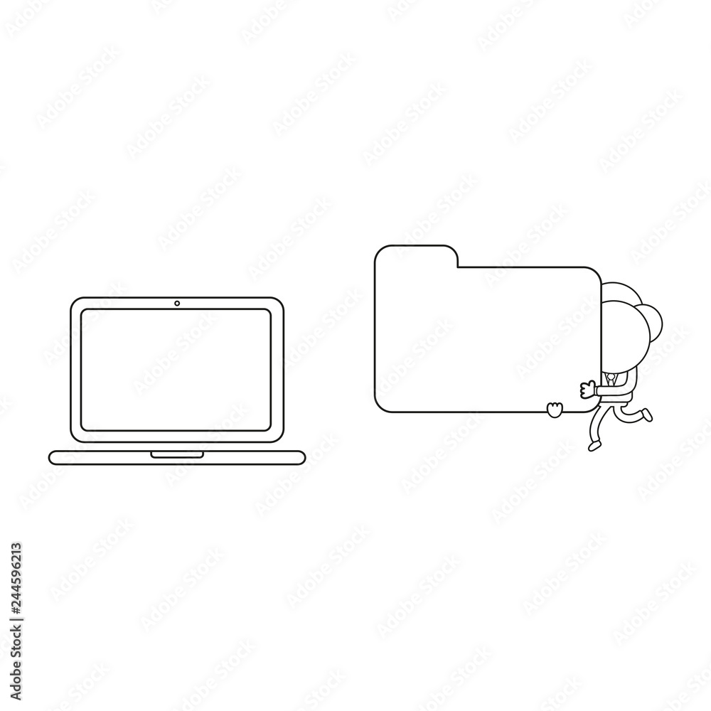Aufkleber vector businessman character running and carrying file folder to laptop computer. black outline.