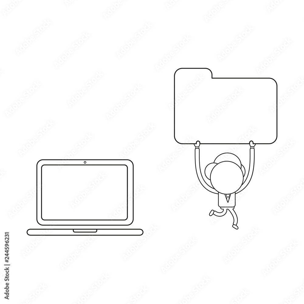 Poster vector businessman character running and carrying file folder from laptop computer. black outline.