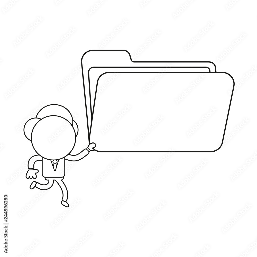 Poster vector businessman character running and holding open file folder. black outline.