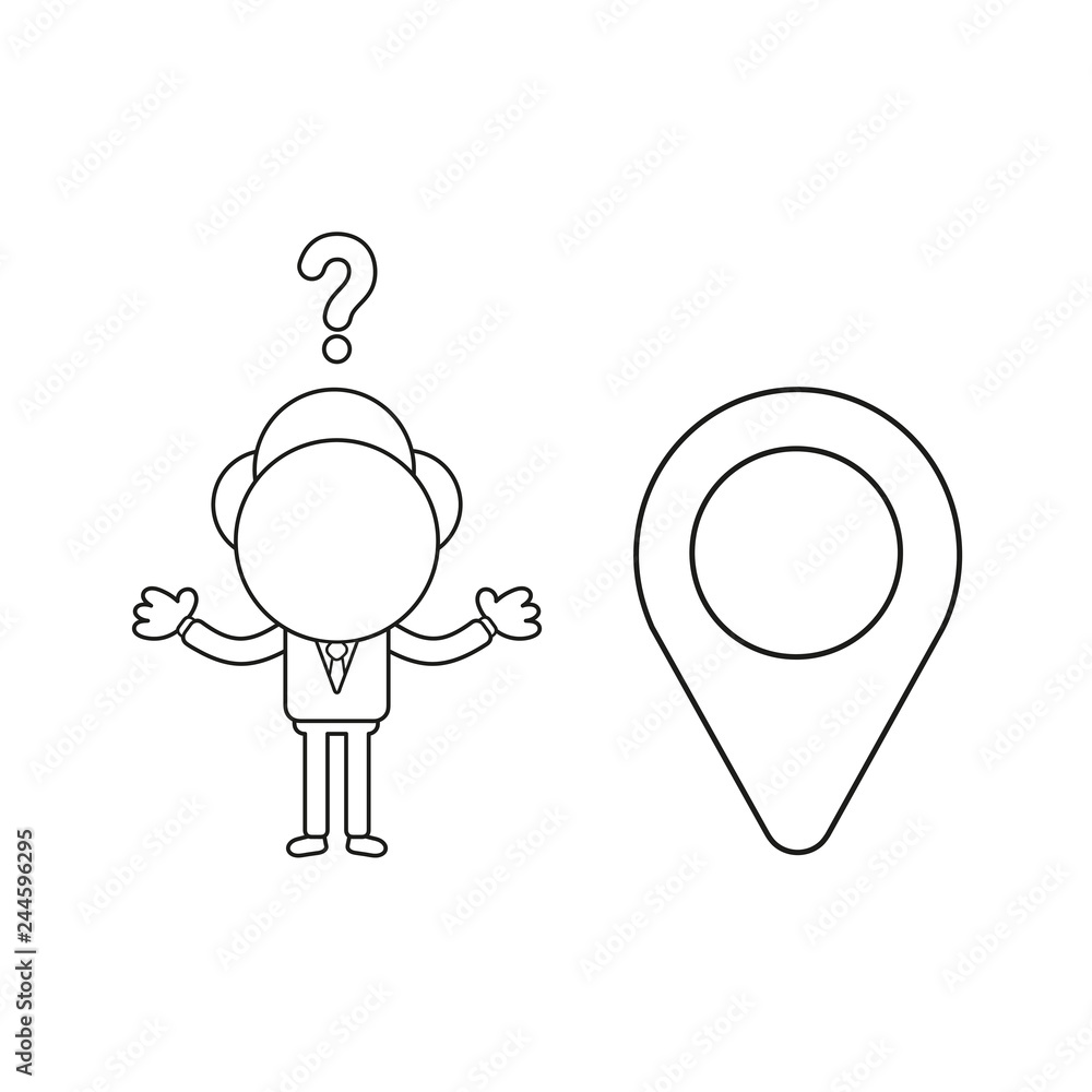 Aufkleber vector confused businessman character with map pointer. black outline.