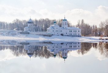 Orthodox church near by river. Pskov. Winter. Russia.