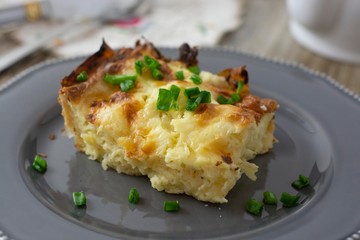 Cottage layered pie. Dough with cheese. Homemade pastry.