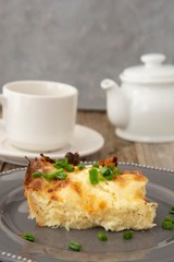 Cottage layered pie. Dough with cheese. Homemade pastry.