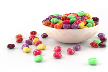 Purple, green, red, orange, yellow heart-shaped candies in a light beige bowl on white background.