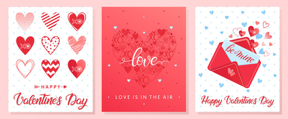 Collection of creative Valentines Day cards.Hand drawn lettering with hearts,arrows and love letter.Romantic illustrations perfect for prints,flyers,posters,holiday invitations and more.