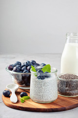 Chia pudding with fresh berries and almond milk. Superfood concept. Vegan, vegetarian and healthy eating diet with organic products