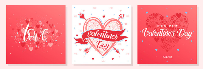 Collection of creative Valentines Day cards.Hand drawn lettering with hearts.Romantic illustrations perfect for prints,flyers,posters,holiday invitations and more.Valentines illustrations.