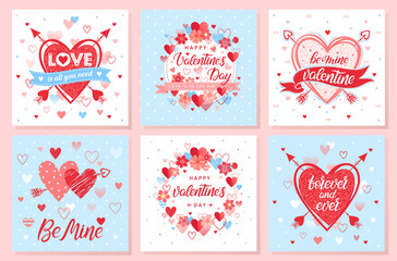 Collection of creative Valentines Day cards.Hand drawn lettering with hearts,arrows and flowers.Romantic illustrations perfect for prints,flyers,posters,holiday invitations and more.