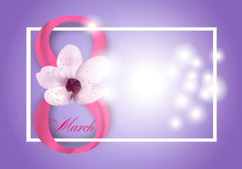 Purple Background for Holiday March 8 International Women's Day with pink flower and Digit eight. Vector