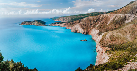 Stunning scenery of Kefalonia island during summer. Majestic peaceful nature landscape and sea shore of turquoise mediterranean sea
