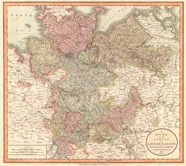 Fototapeta na wymiar 1801, Cary Map of Lower Saxony, Holstein, Lubeck, Lunenburgzell, Bremen, Berlin, John Cary, 1754 – 1835, English cartographer