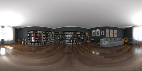 Stanza di un interno domestico, casa, salatto, studio con libreria e gatto, illustrazione 3d, rendering 3d, panoramica sferica stereoscopica a 360°, HDRI	