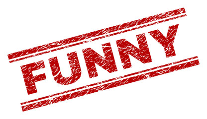 FUNNY seal imprint with corroded texture. Red vector rubber print of FUNNY text with corroded texture. Text title is placed between double parallel lines.