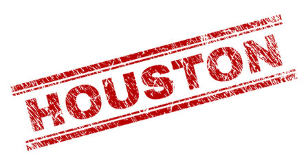 HOUSTON seal watermark with distress effect. Red vector rubber print of HOUSTON caption with corroded texture. Text caption is placed between double parallel lines.
