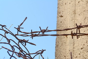 Rusty barbed wire and blue sky background.