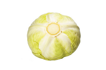 Ripe green cabbage isolated on white background.