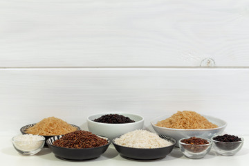 rice, different varieties of raw rice / place for text