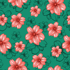Obraz premium Seamless pattern with pink flowers on the turquoise or green background.Vector fashion fabric textile design. Can be used for pillow or tablecloth.