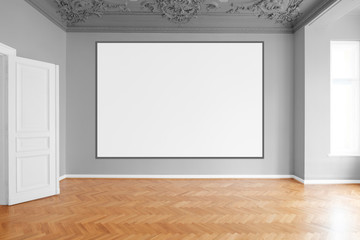 blank canvas or picture frame  hanging on white wall in empty room