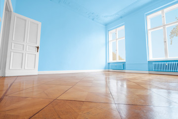 blue painted room, apartment renovation with colorful blue walls 