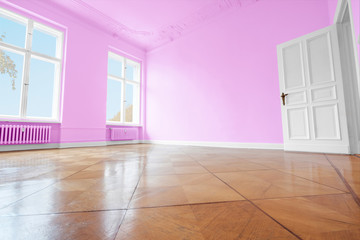 empty room with pink painted walls,  home renovation concept -