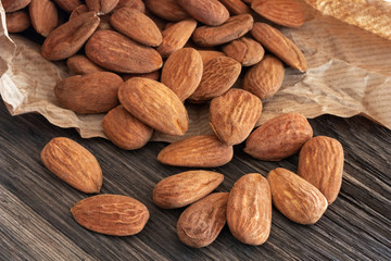 Closeup of raw almonds on a table