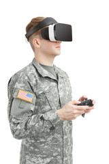 Indoors shot of American soldier wearing VR glasses