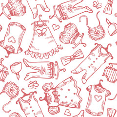 Seamless pattern of kids clothes sketches. Vector ink hand drawn background