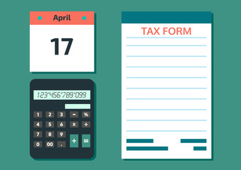 Vector illustration of the Tax Form, calculator and calendar. Tax form, a financial document for filing in flat style. Tax Day on April 17. Deadline for Federal income tax returns in the USA.